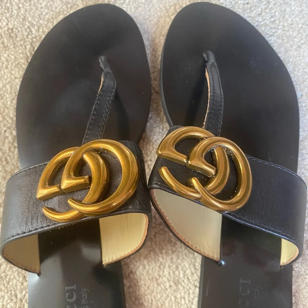 Italian Black Leather Thong Sandals with Gold Interlocking G